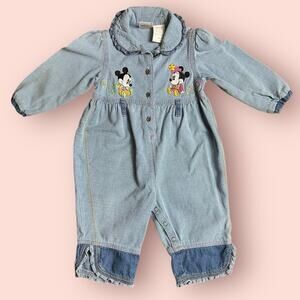 Vtg Mickey & Co Disney Embroidered Minnie Denim Bib Overall 12m Coverall Romper